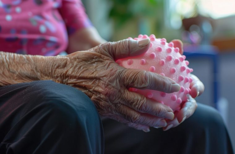 Senior  Holding Therapy Ball. Senior as she grips a therapy ball, demonstrating exercises possibly related to maintaining motor skills or rehabilitation in a well-lit therapy room. Alzheimer